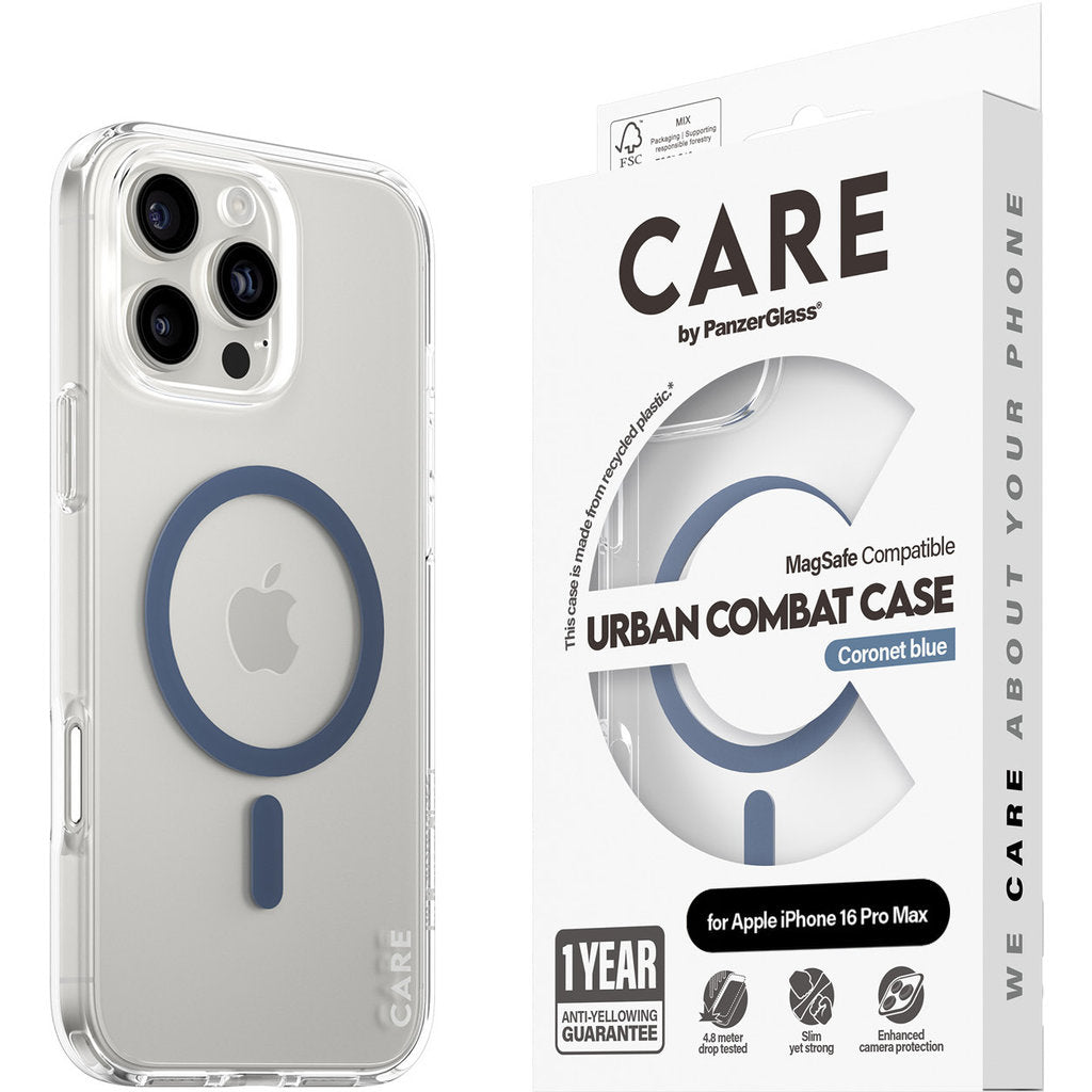 CARE by PanzerGlass Flagship Case Transparent Urban Combat w. Blue MagSafe iPhone 16 Pro Max