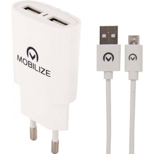 Mobilize Wall Charger 2x USB + Micro USB Cable 12W 1m. White