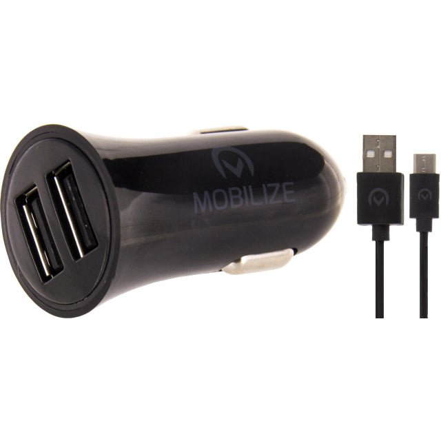 Chargeur De Voiture Mobilize Double USB 2.4A 12W + Câble USB-C 1m Noir