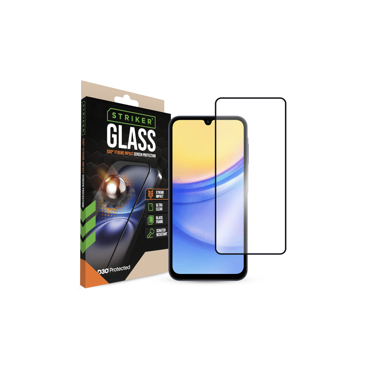 Striker D3O Xtreme Impact Glass Screen Protector - Black Frame - Samsung Galaxy A15 (4G/5G)