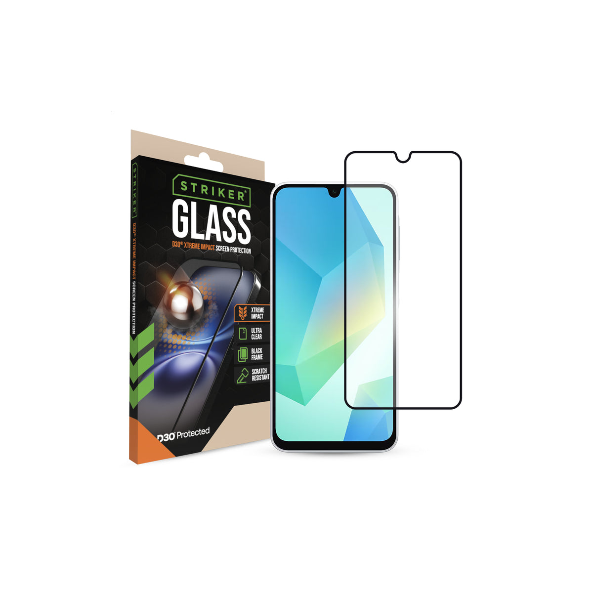 Striker D3O Xtreme Impact Glass Screen Protector - Black Frame - Samsung Galaxy A16 (4G/5G)/A17 (4G/5G)/A18 5G/A26 5G
