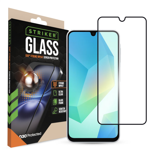 Striker D3O Xtreme Impact Displayschutzfolie aus Glas – Schwarzer Rahmen – Samsung Galaxy A16 (4G/5G)/A17 (4G/5G)/A26 5G