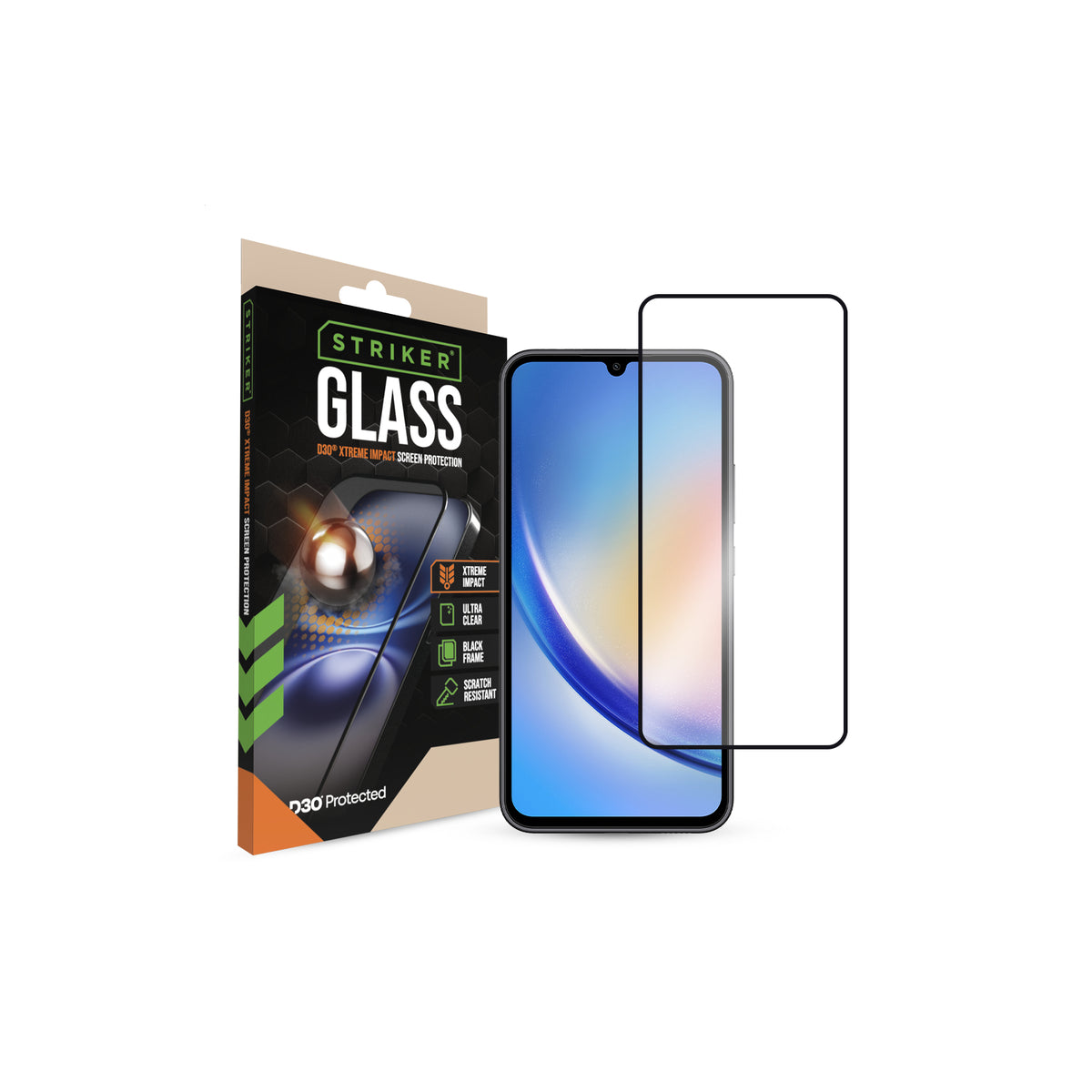 Striker D3O Xtreme Impact Glass Screen Protector - Black Frame - Samsung Galaxy A34 5G