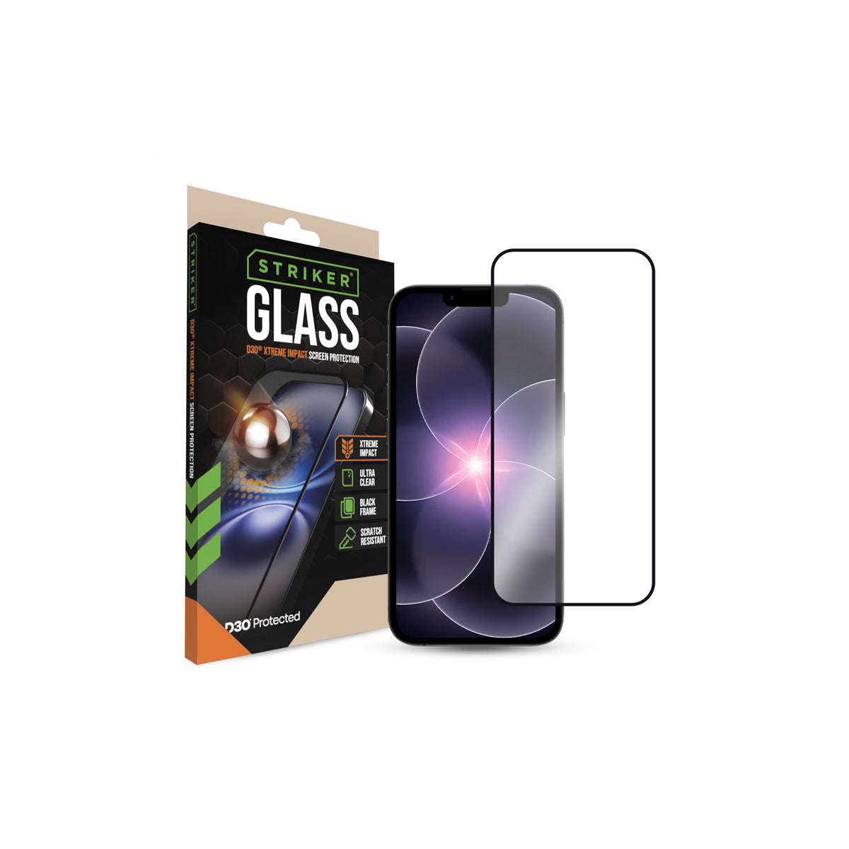 Striker D3O Xtreme Impact Glass Screen Protector - Black Frame - Apple iPhone 13/13 Pro/14/16e/17e