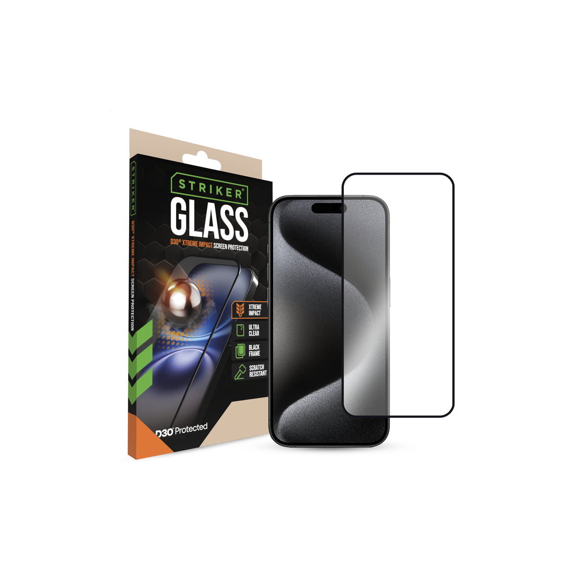 Striker D3O Xtreme Impact Glass Screen Protector - Black Frame - Apple iPhone 15 Pro