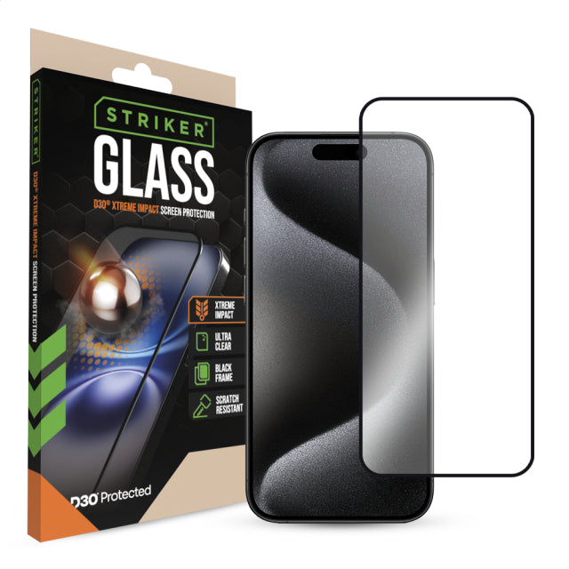 Striker D3O Xtreme Impact Glas Displayschutzfolie - Schwarzer Rahmen - Apple iPhone 15 Pro