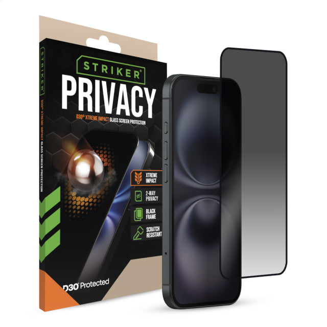 Striker D3O Xtreme Impact Privacy Glass Displayschutzfolie - Schwarzer Rahmen - Apple iPhone 14 Pro/15/16
