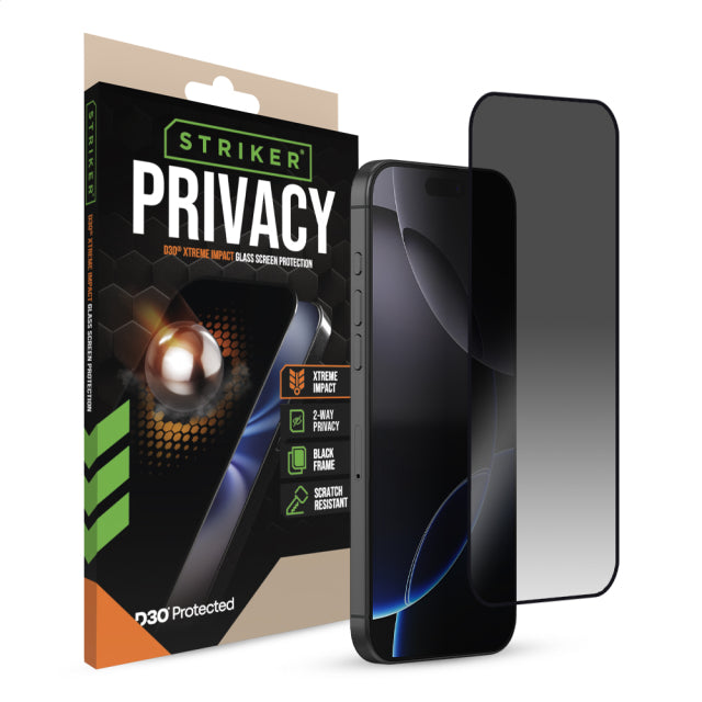 Protection d'écran en verre Striker D3O Xtreme Impact Privacy - Cadre Noir - Apple iPhone 16 Pro Max