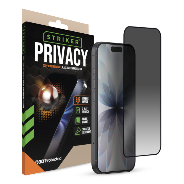 Striker D3O Xtreme Impact Privacy Glass Displayschutzfolie – schwarzer Rahmen – Apple iPhone 16 Pro/17/17 Pro