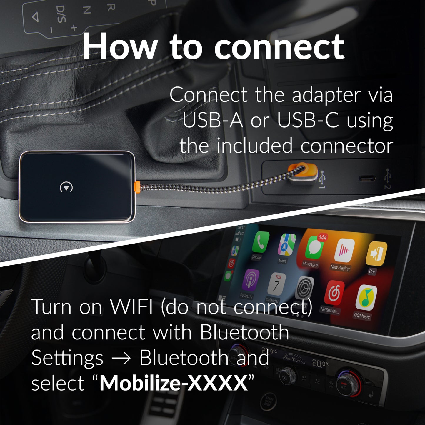 Mobilize Premium 2in1 Adapter for Wireless Apple Carplay/Android Auto Black