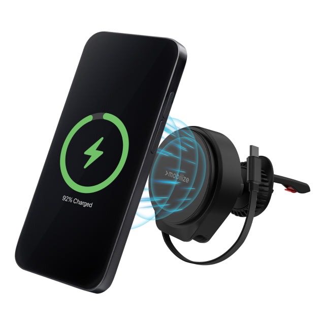 Support/Chargeur voiture Mobilize MagSafe Compatible 25W Qi2.2 avec Câble USB-C Rétractable Noir
