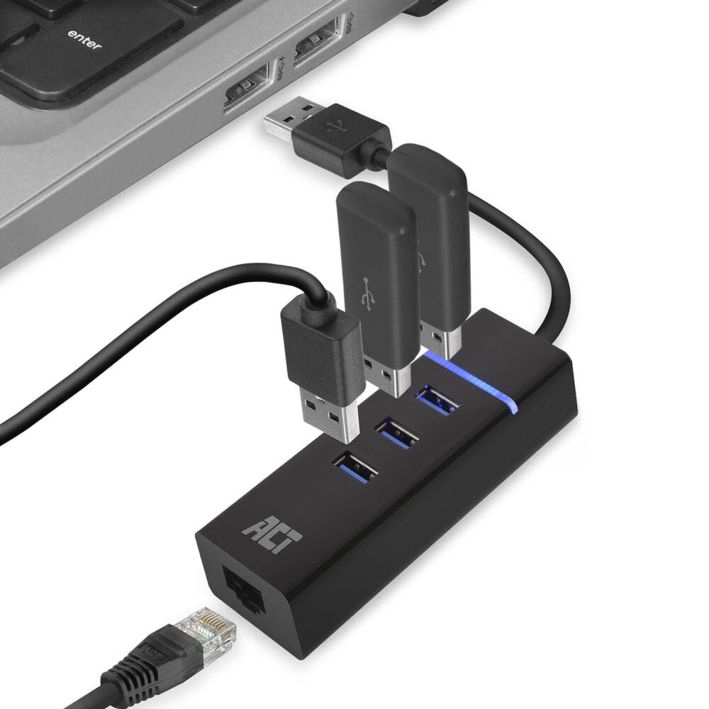 ACT USB Hub 3.2 3x USB-A ethernet, zwart