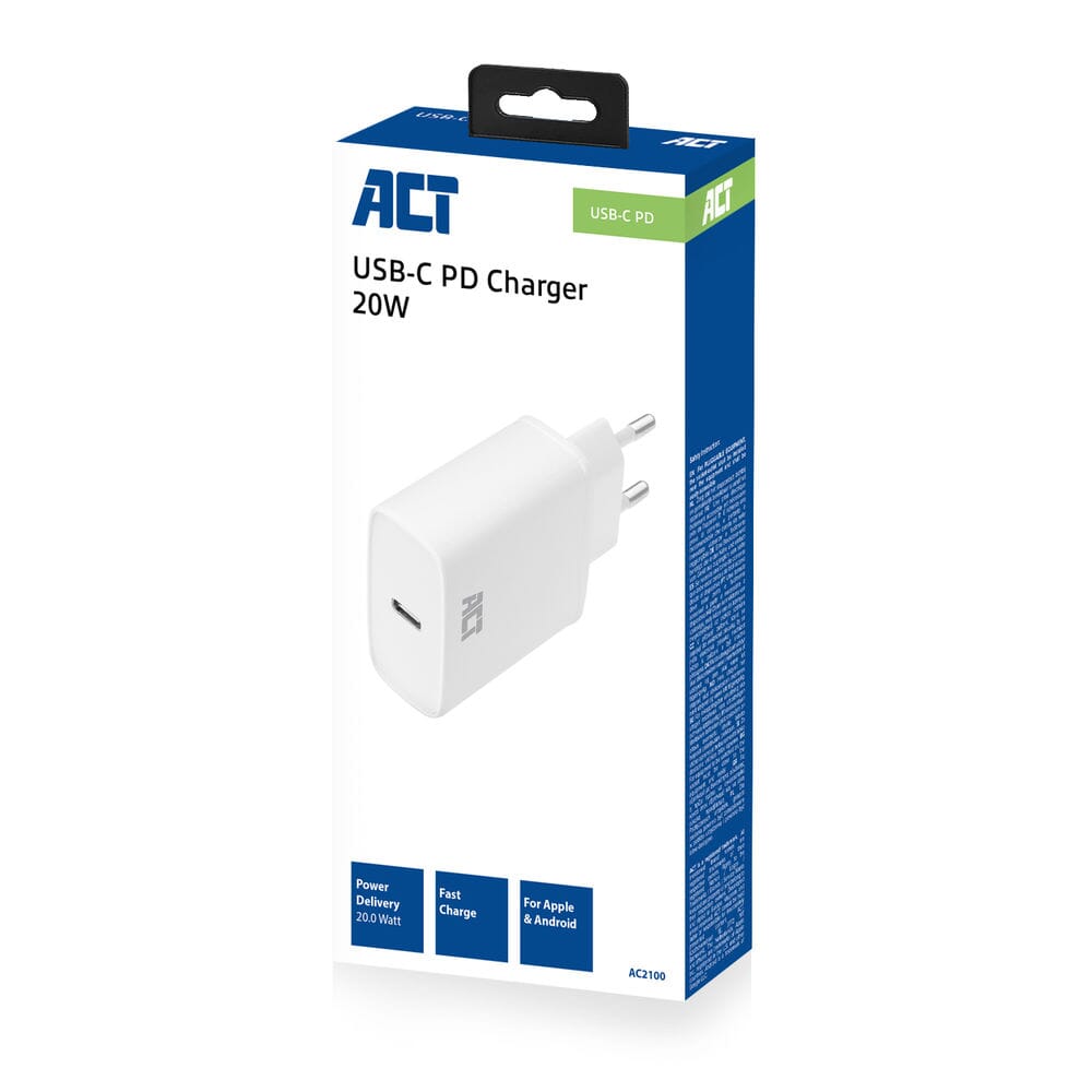 ACT USB-C Lader, 1-poort, 20W, Power Delivery, wit