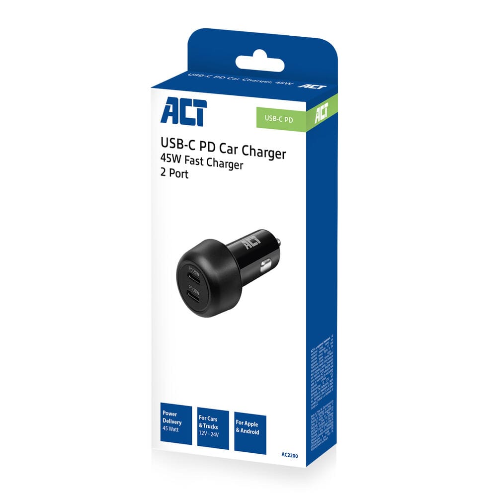 ACT 2-poorts USB-C Fast Charge Autolader 45W