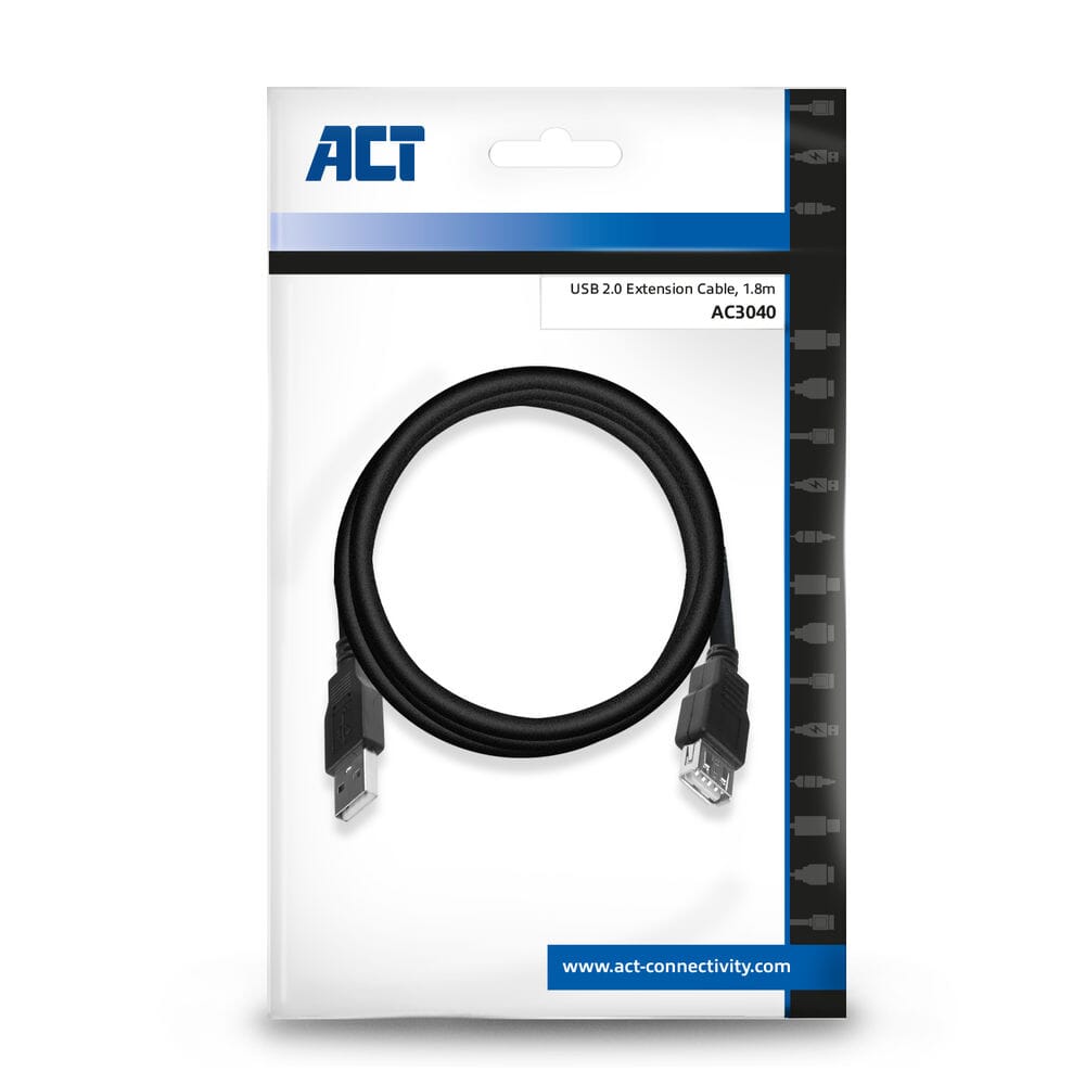 ACT USB 2.0 verlengkabel A male - A female 1,8 m, Zip Bag