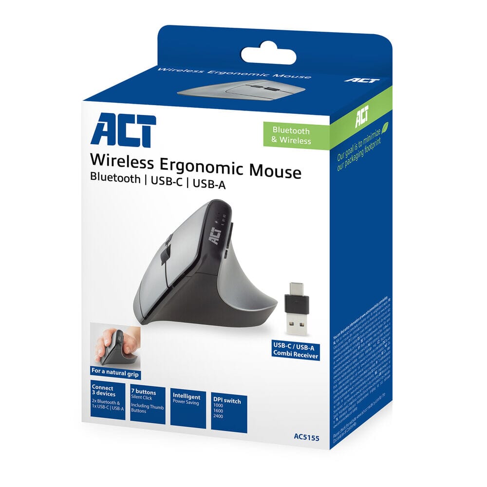 ACT Draadloze Ergonomische Muis met Bluetooth en USB-C/USB-A