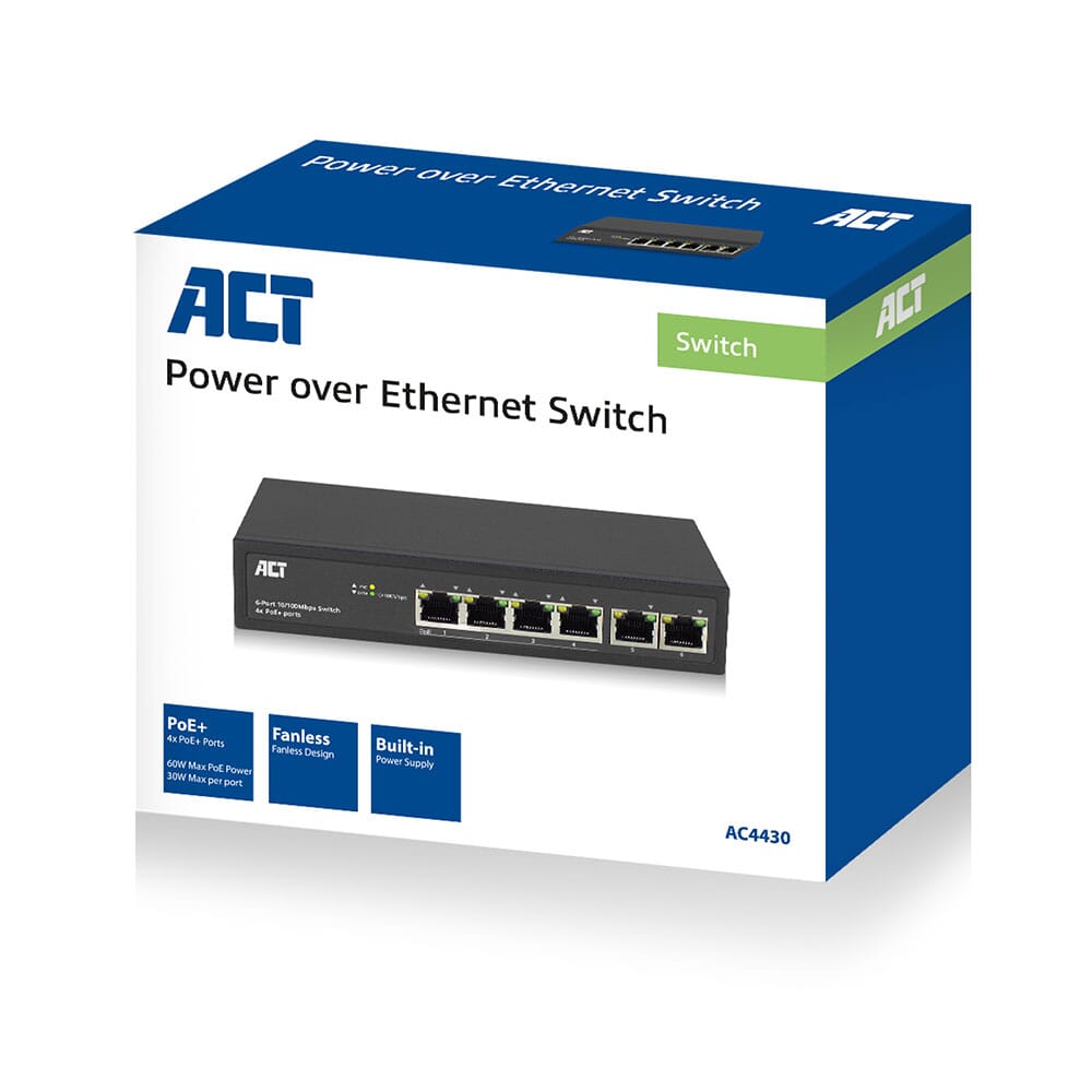 ACT 6 poorts netwerkswitch 10/100Mbps. 4x PoE+ (30W) poorten