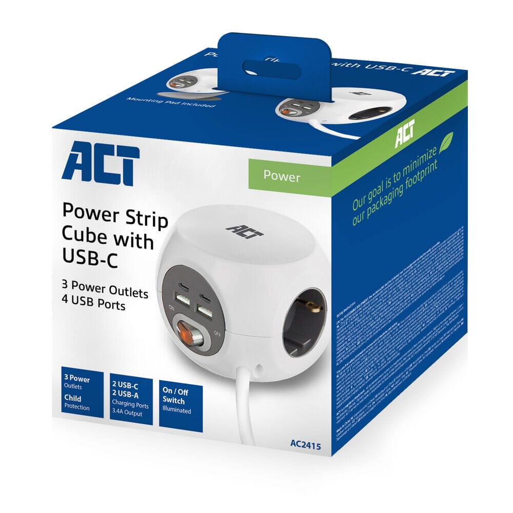 ACT Stekkerdoos met USB-C/A-poorten, 3 sockets, 1,5m, wit