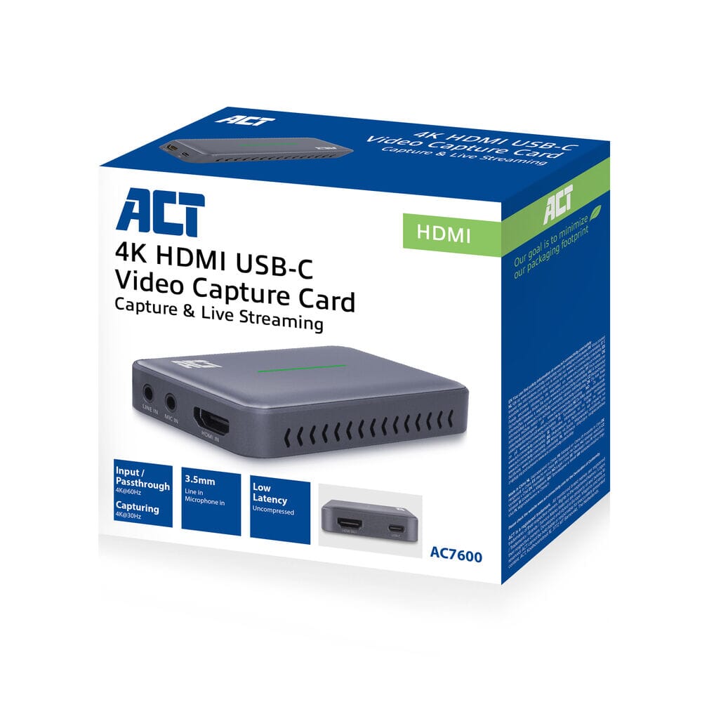 ACT USB-C Video Capture Card, HDMI 4K@60Hz PT, 4K@30Hz Aufnahme