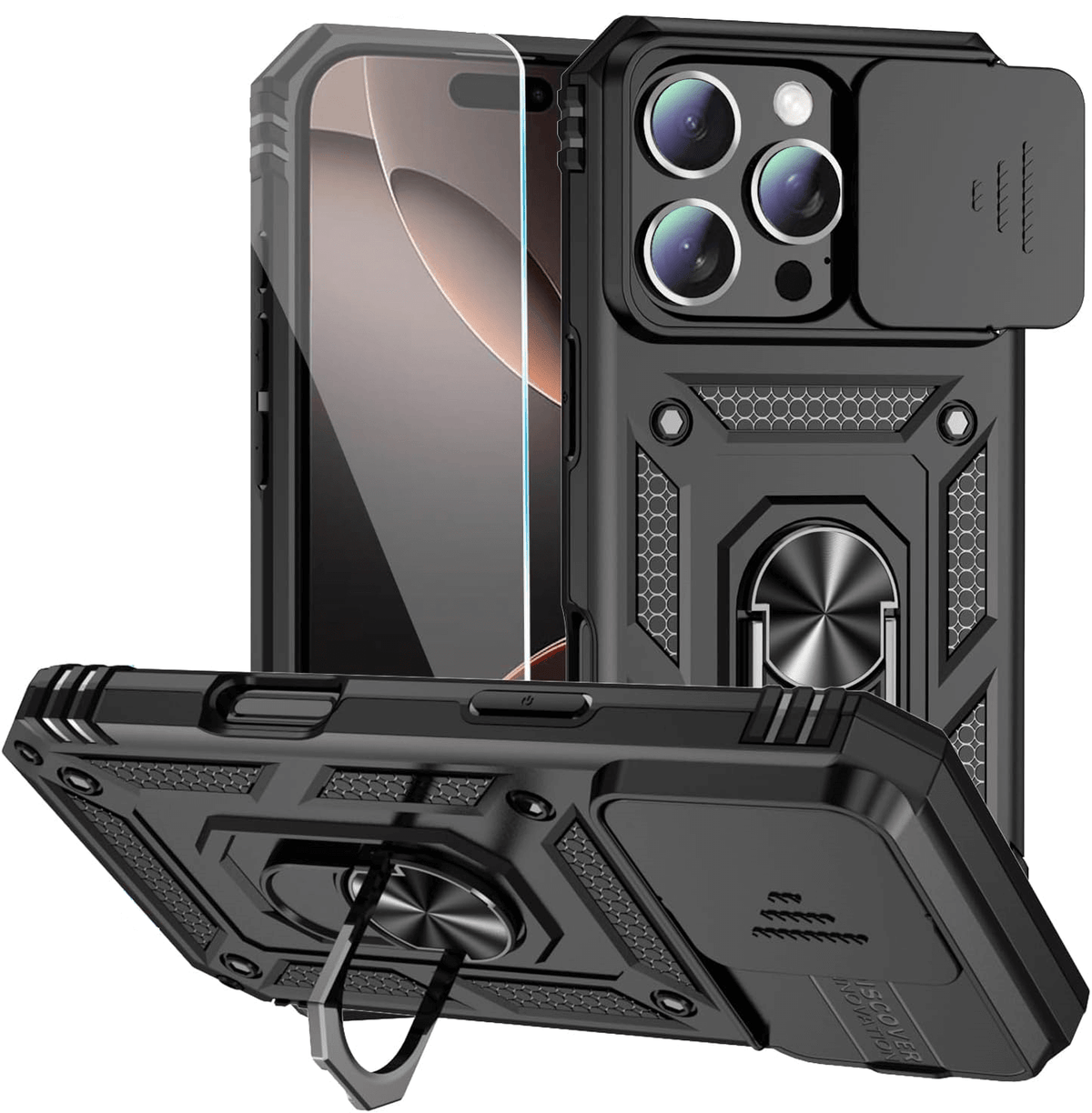 Camera slide hoesje met ring en stand functie Apple iPhone 16 Pro Max zwart