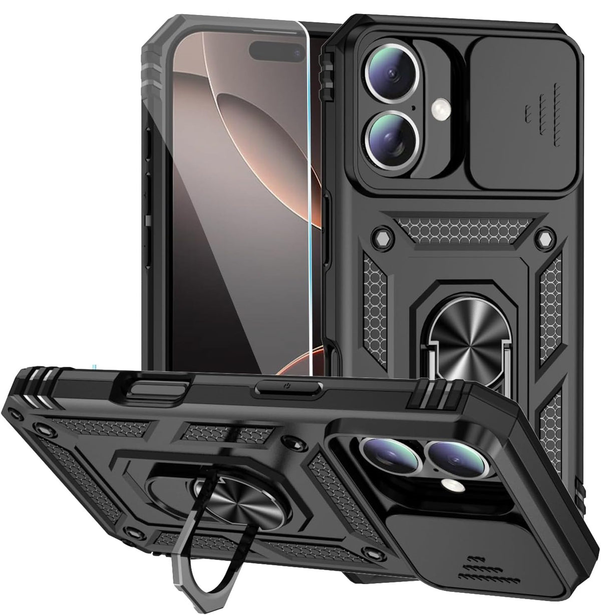 Camera slide hoesje met ring en stand functie Apple iPhone 16 zwart