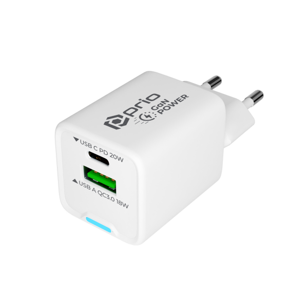Prio 20W GaN Duo oplader (1x USB 1x USB-C) wit