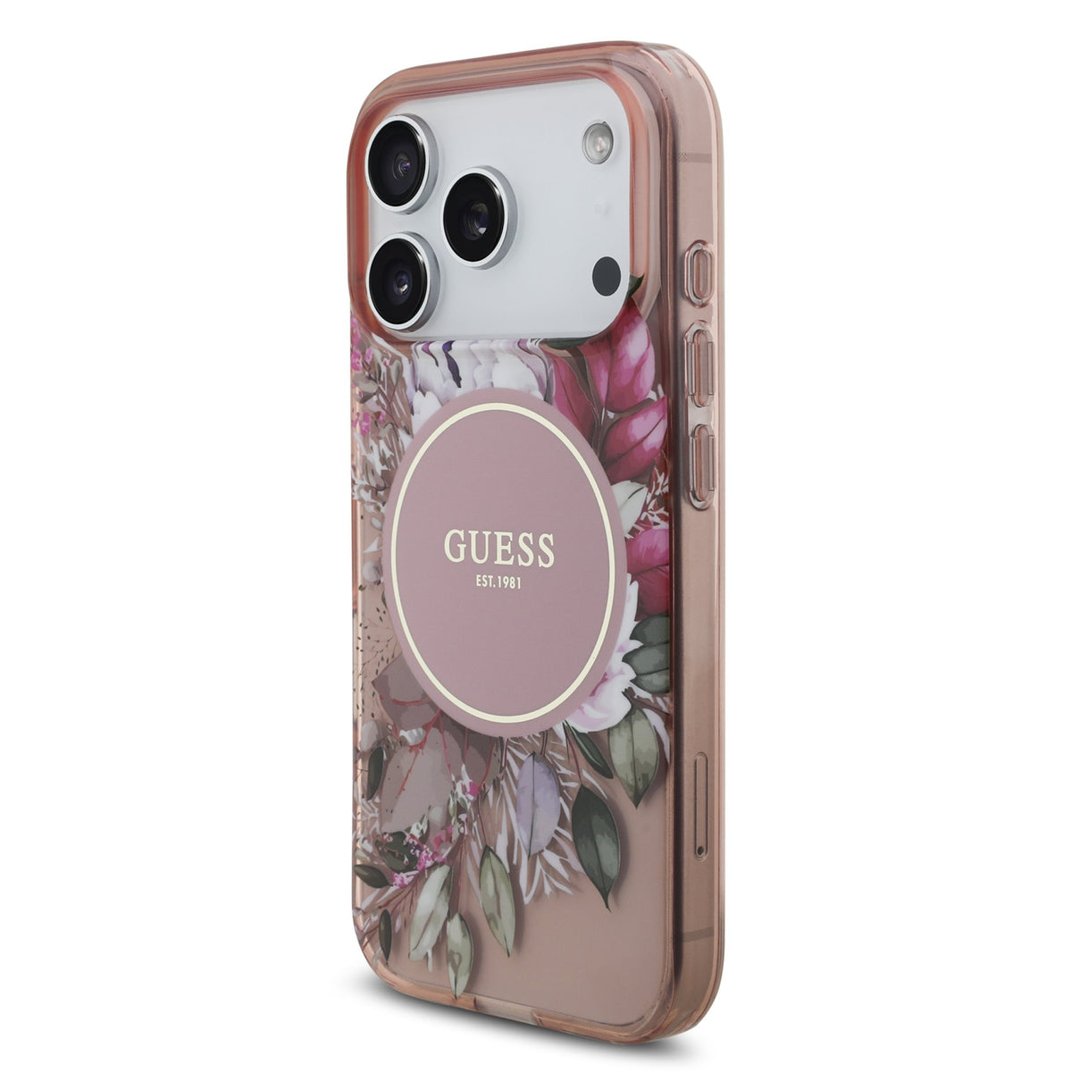 Guess IML Flowers Strap MagSafe Case iPhone 17 Pro/18 Pro Roze