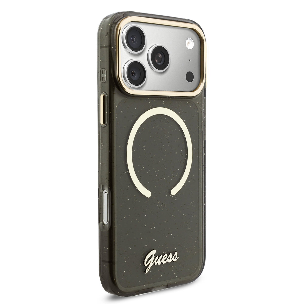 Guess IML Glitter Script Strap MagSafe Case iPhone 17 Pro Max/18 Pro Max Zwart
