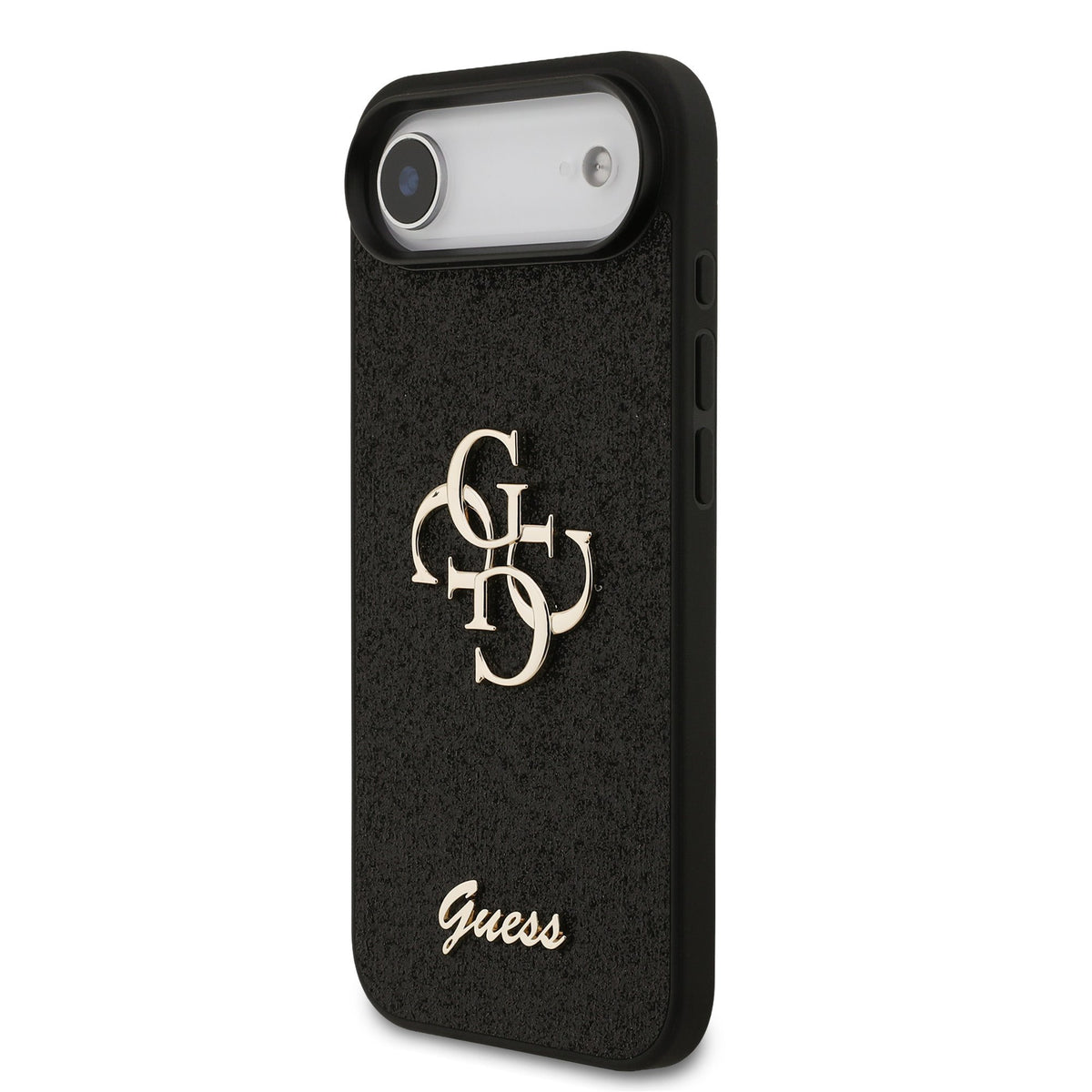 Guess PU Fixed Glitter 4G Metal Logo Case for iPhone Zwart