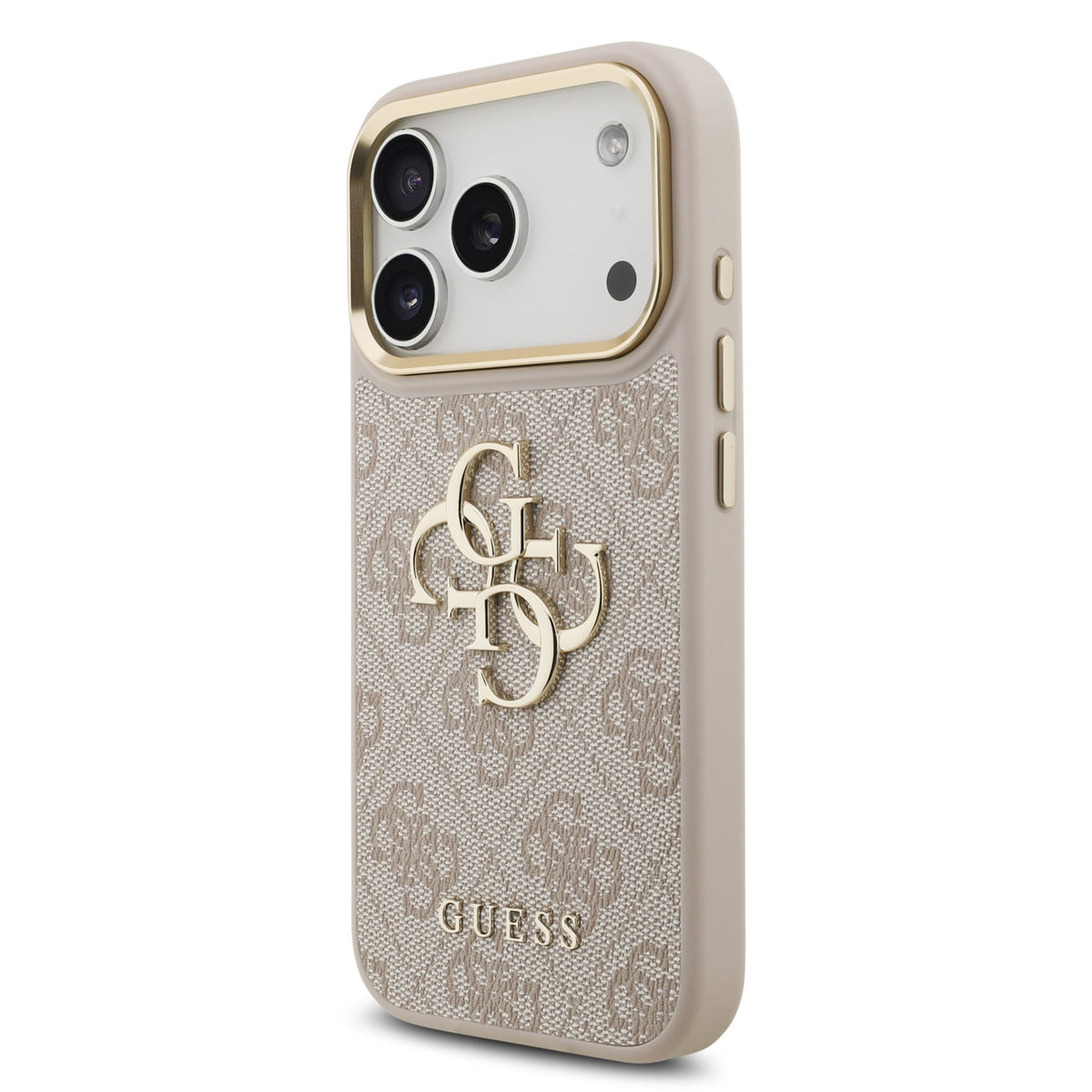 Guess PU Leather 4G Metal Logo Goud Frame case iPhone 17 Pro/18 Pro Roze