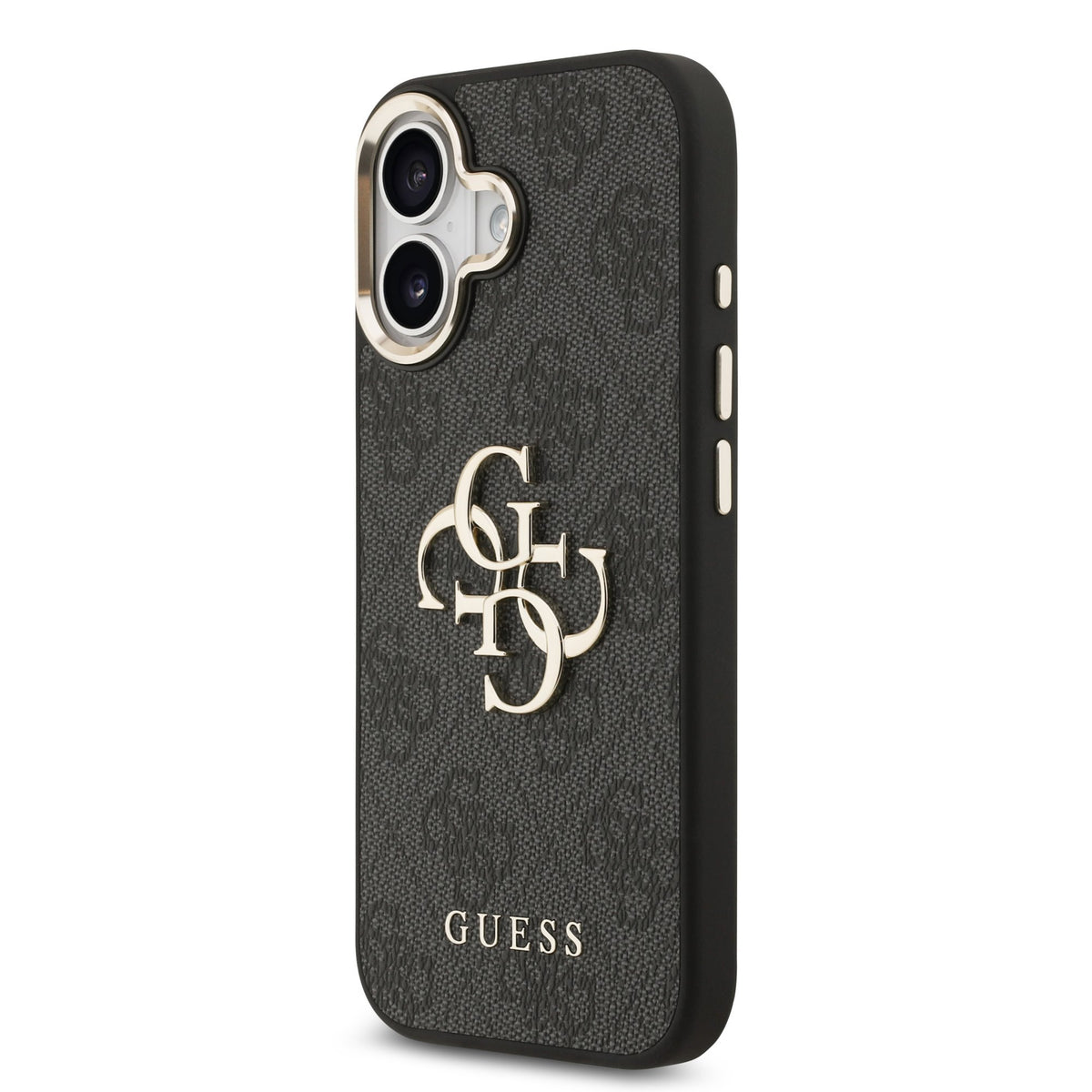 Guess PU Leather 4G Metal Logo Goud Frame Case iPhone 17 Zwart