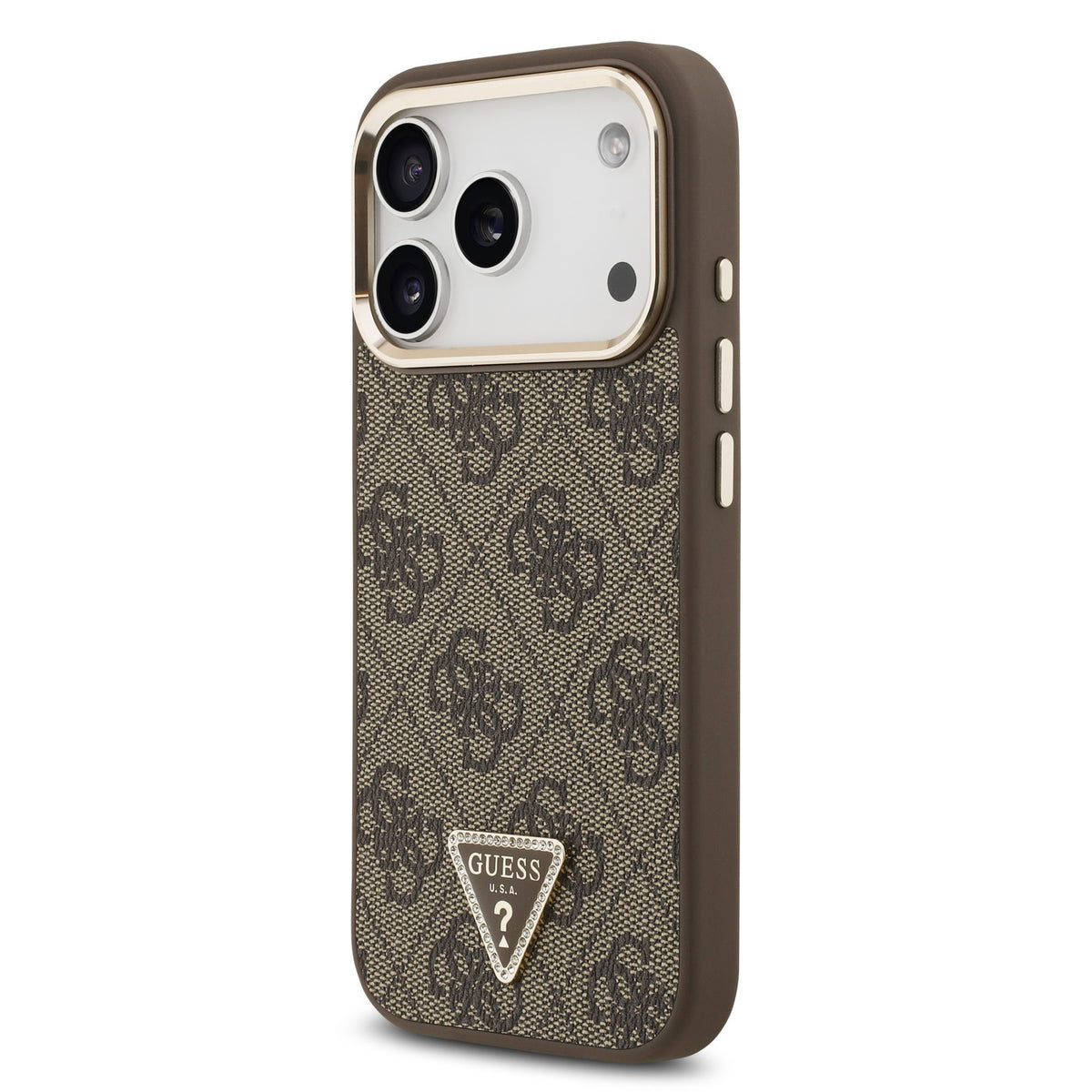 Guess PU Leather 4G Strass Triangle Logo Goud Frame MagSafe Case iPhone 17 Pro/18 Pro Bruin