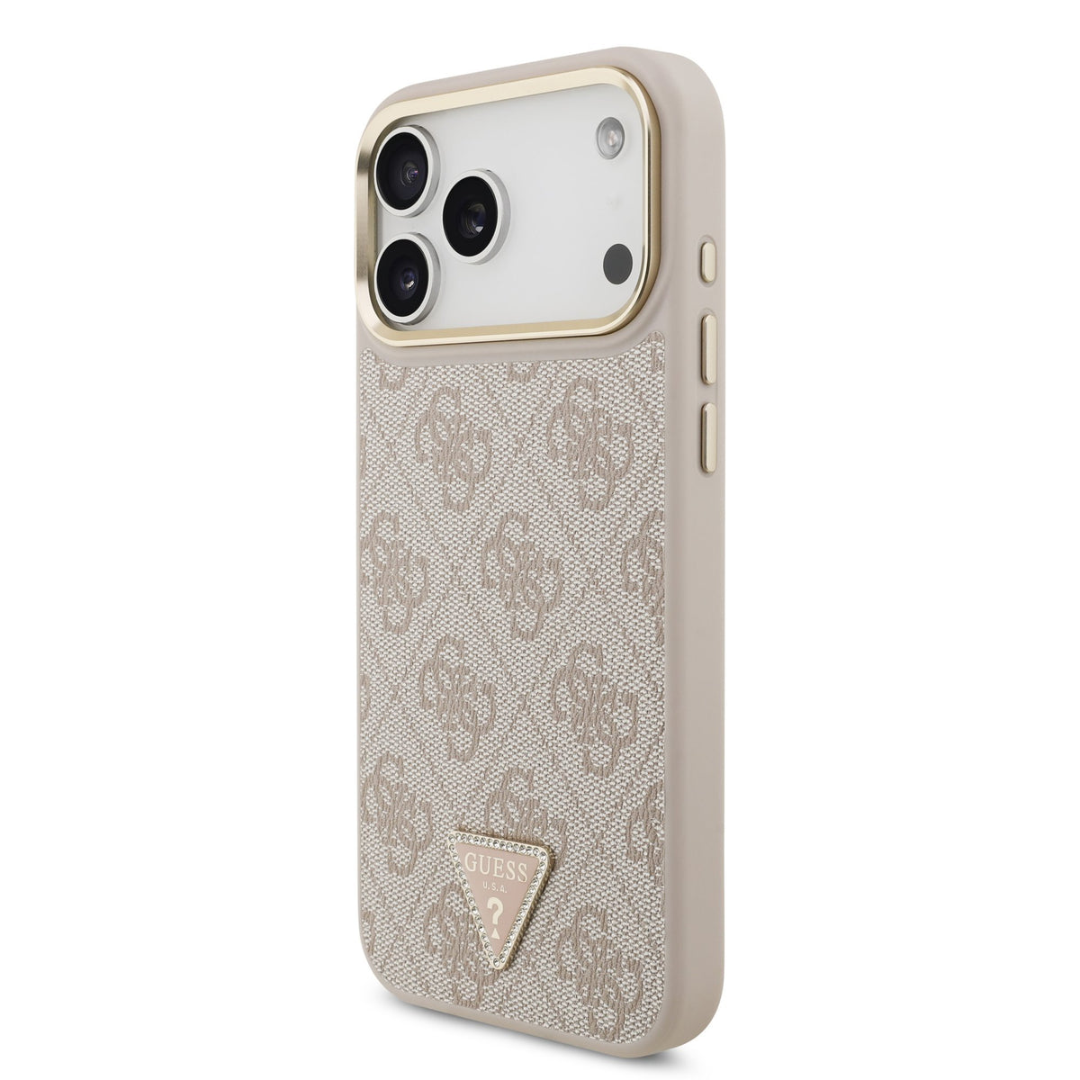 Guess PU Leather 4G Strass Triangle Logo Goud Frame MagSafe Case iPhone 17 Pro Max/18 Pro Max Roze