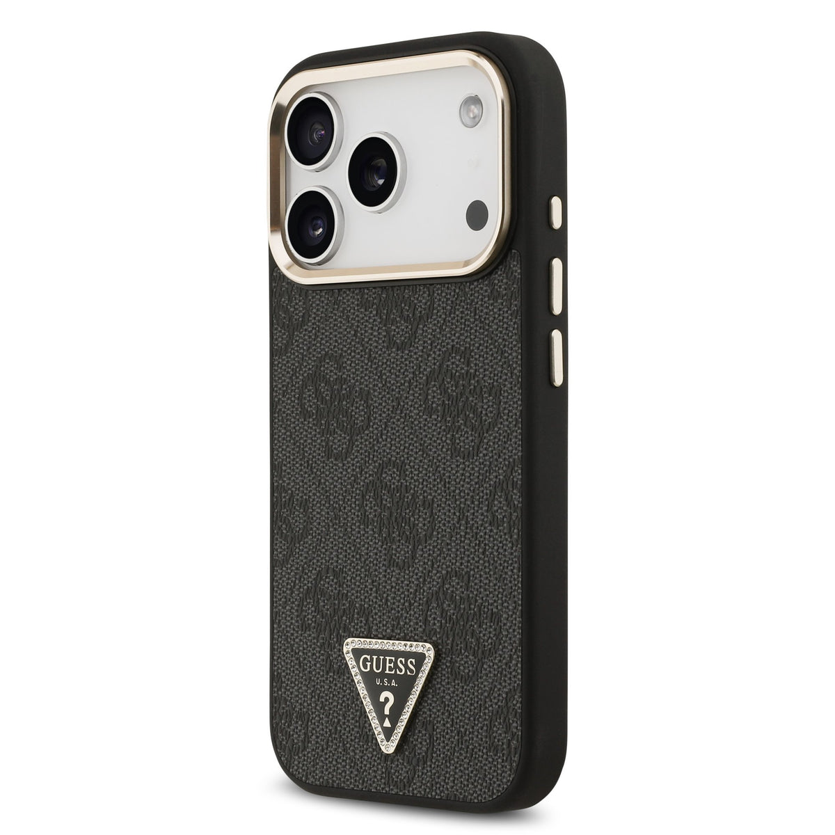 Guess PU Leather 4G Strass Triangle Logo Goud Frame MagSafe Case iPhone 17 Pro/18 Pro Zwart
