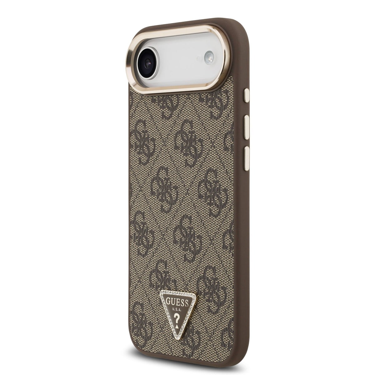 Guess PU Leather 4G Strass Triangle Logo Goud Frame MagSafe Case iPhone 17 Air Bruin