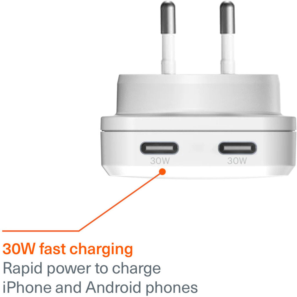 Cygnett Chargeplus Dual USB-C Slim Wall Charger 30W White