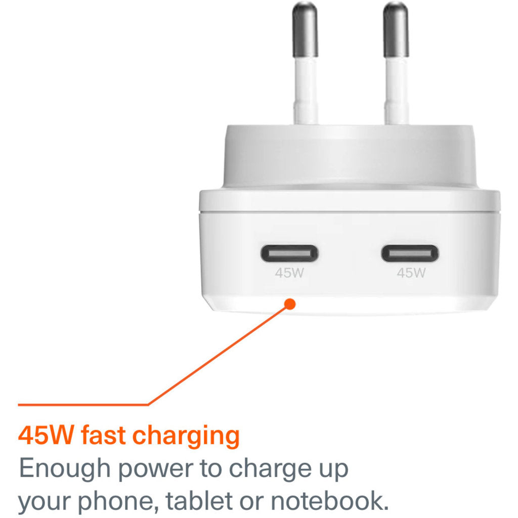 Cygnett Chargeplus Chargeur Mural Double USB-C Slim 45W Blanc