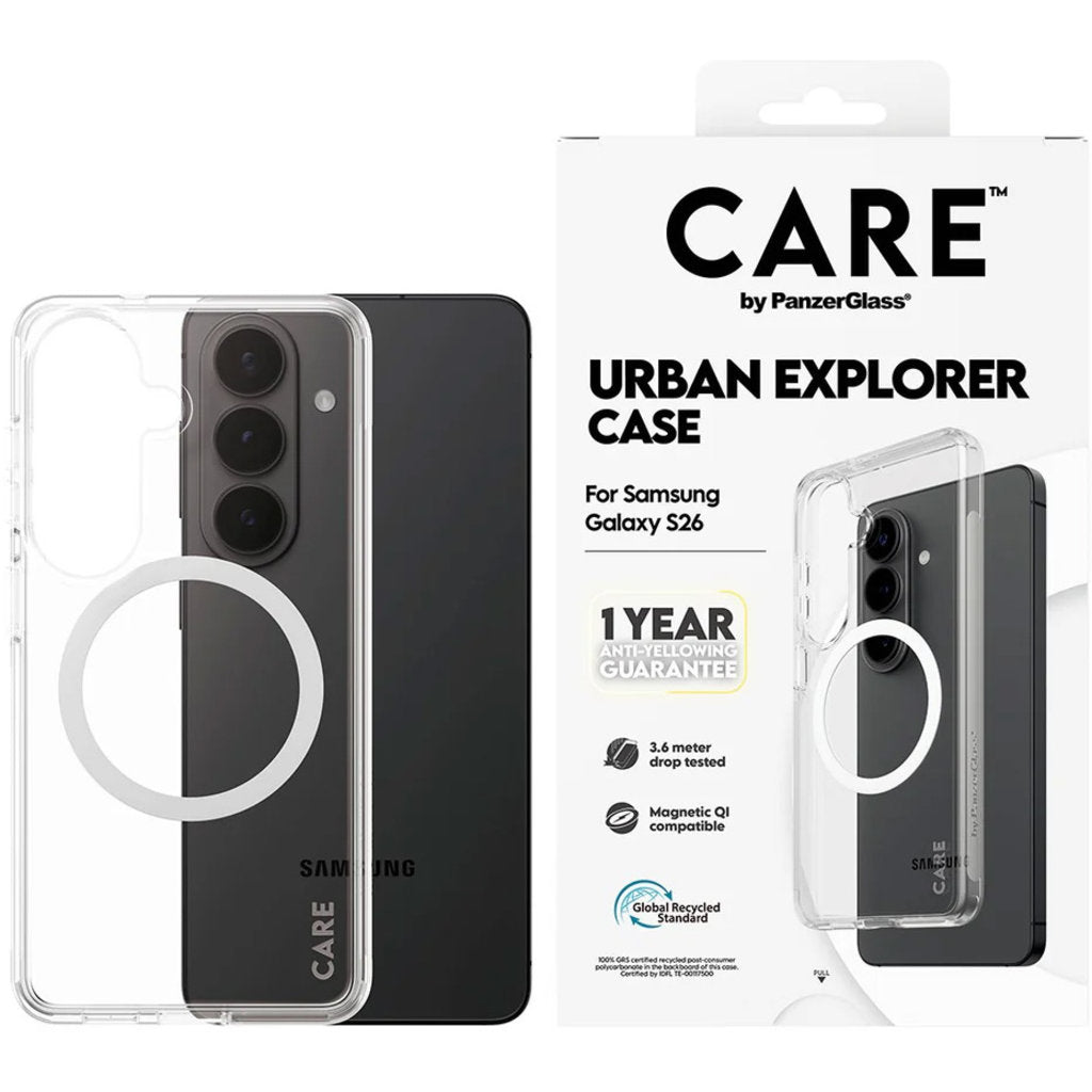 CARE by PanzerGlass Urban Explorer Case Transparent w. White Qi Samsung Galaxy S26