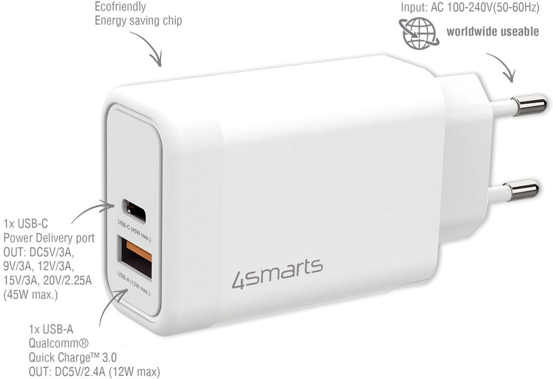 Chargeur mural 4SMarts VoltPlug 45W avec GaN Blanc