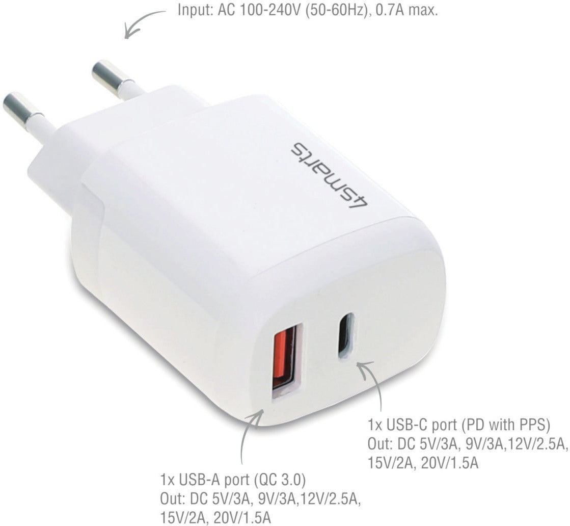 Chargeur mural 4SMarts DoublePort PD 30W avec chargeur rapide Blanc