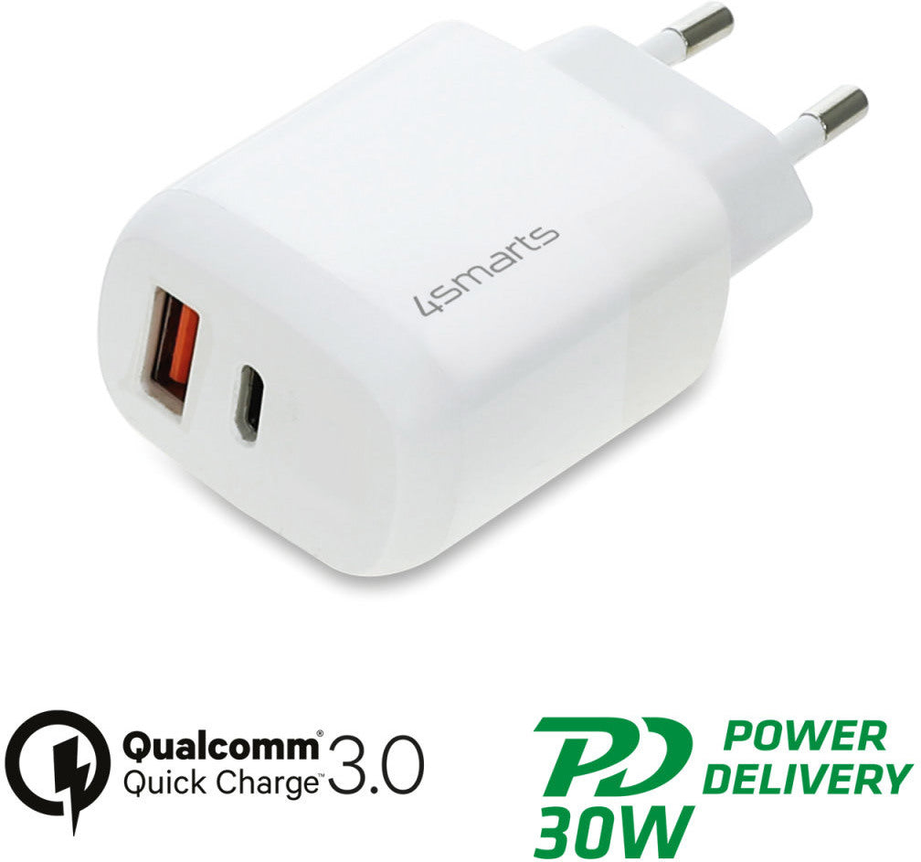 Chargeur mural 4SMarts DoublePort PD 30W avec chargeur rapide Blanc