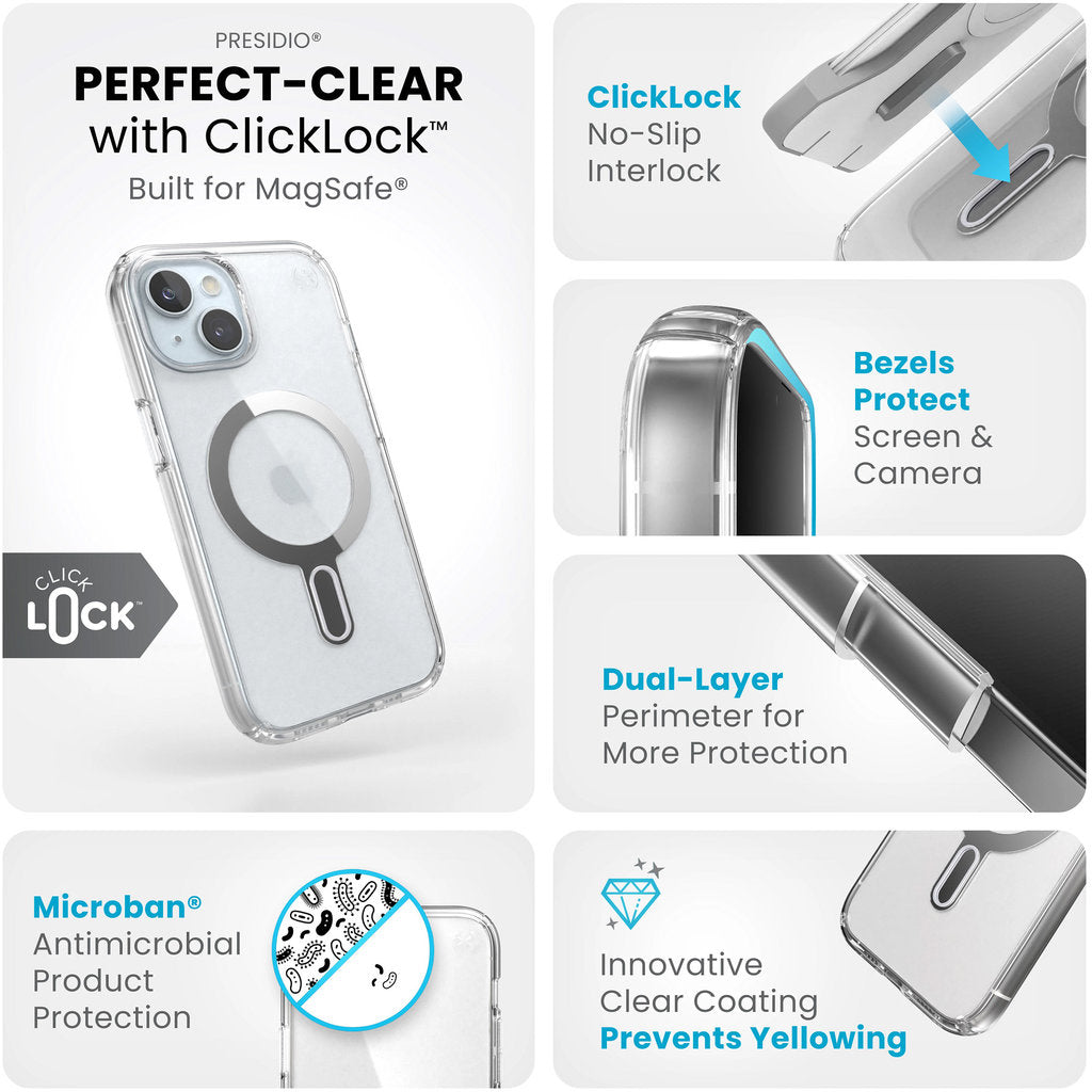 Speck Presidio Clear + ClickLock Apple iPhone 17e/16e/15/14/13 Clear -  with Microban
