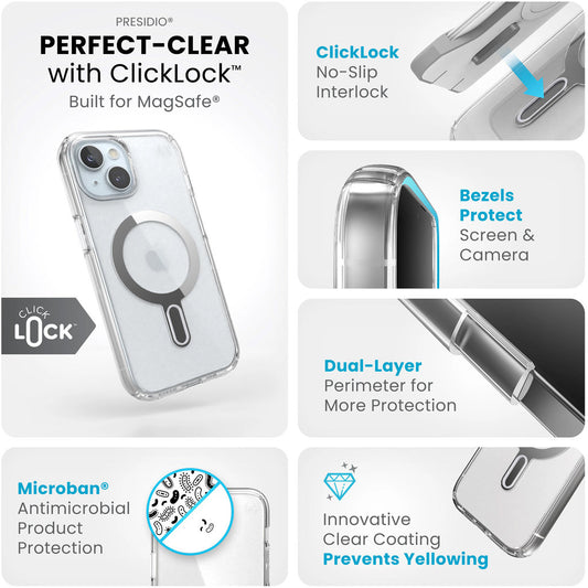 Speck Presidio Clear + ClickLock Apple iPhone 17e/16e/15/14/13 Clear -  with Microban