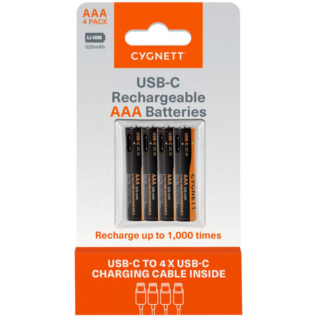 Cygnett AAA USB-C Rechargeable Battery - 4 Pack - Black
