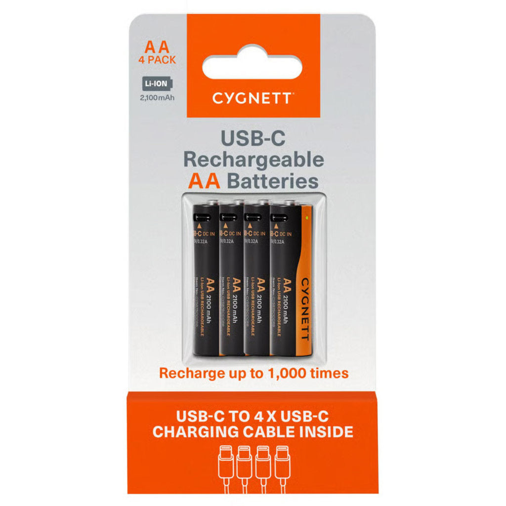 Cygnett AA USB-C wiederaufladbare Batterie – 4er Pack – Schwarz