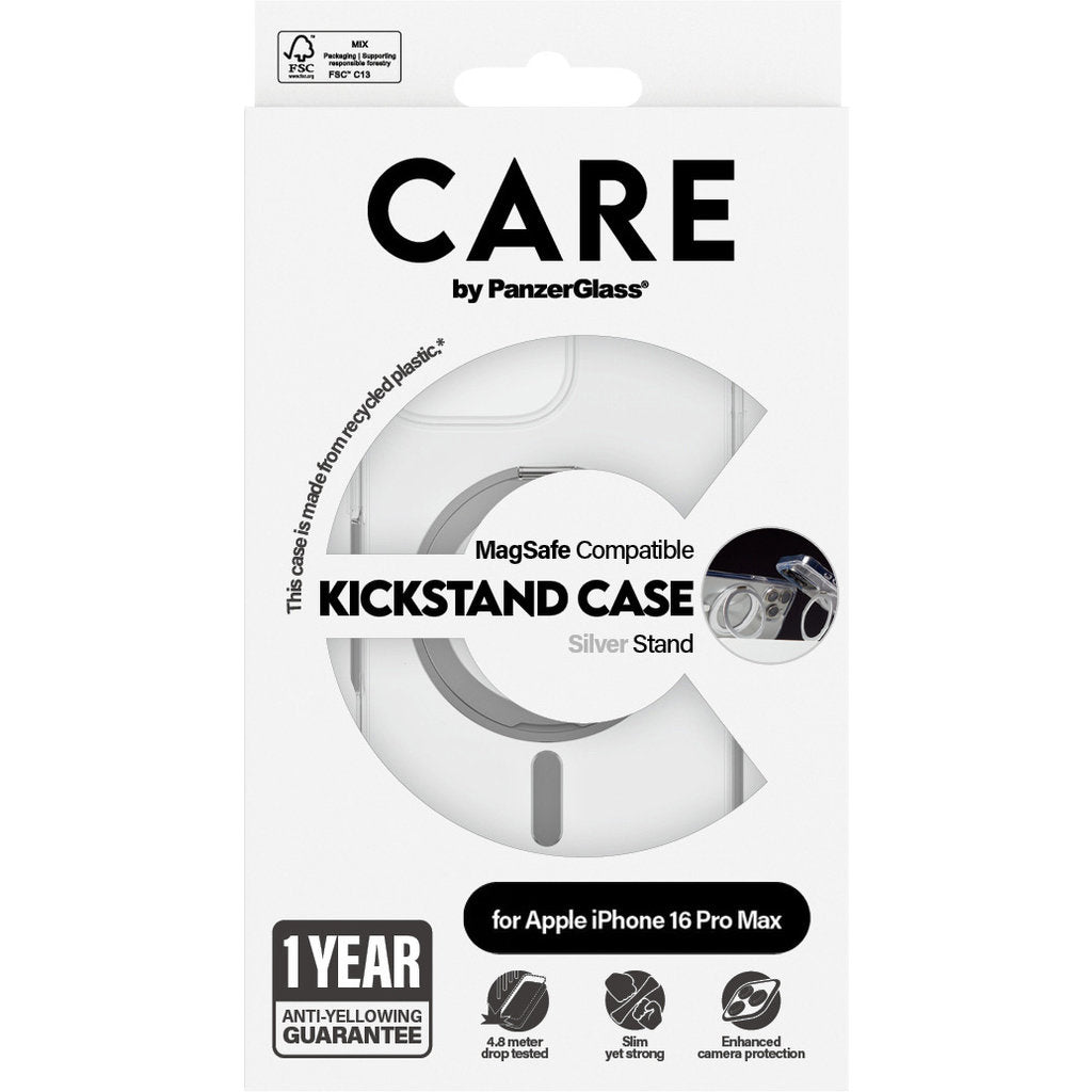 CARE by PanzerGlass Feature Case Transparent w. Silver Kickstand & MagSafe iPhone 16 Pro Max