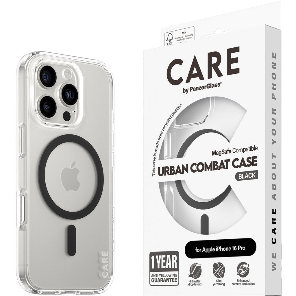 CARE by PanzerGlass Flagship Case Transparent Urban Combat w. Black MagSafe iPhone 16 Pro