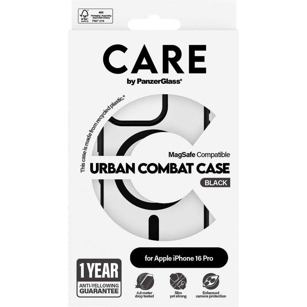 CARE by PanzerGlass Flagship Case Transparent Urban Combat w. Black Frame & MagSafe iPhone 16 Pro