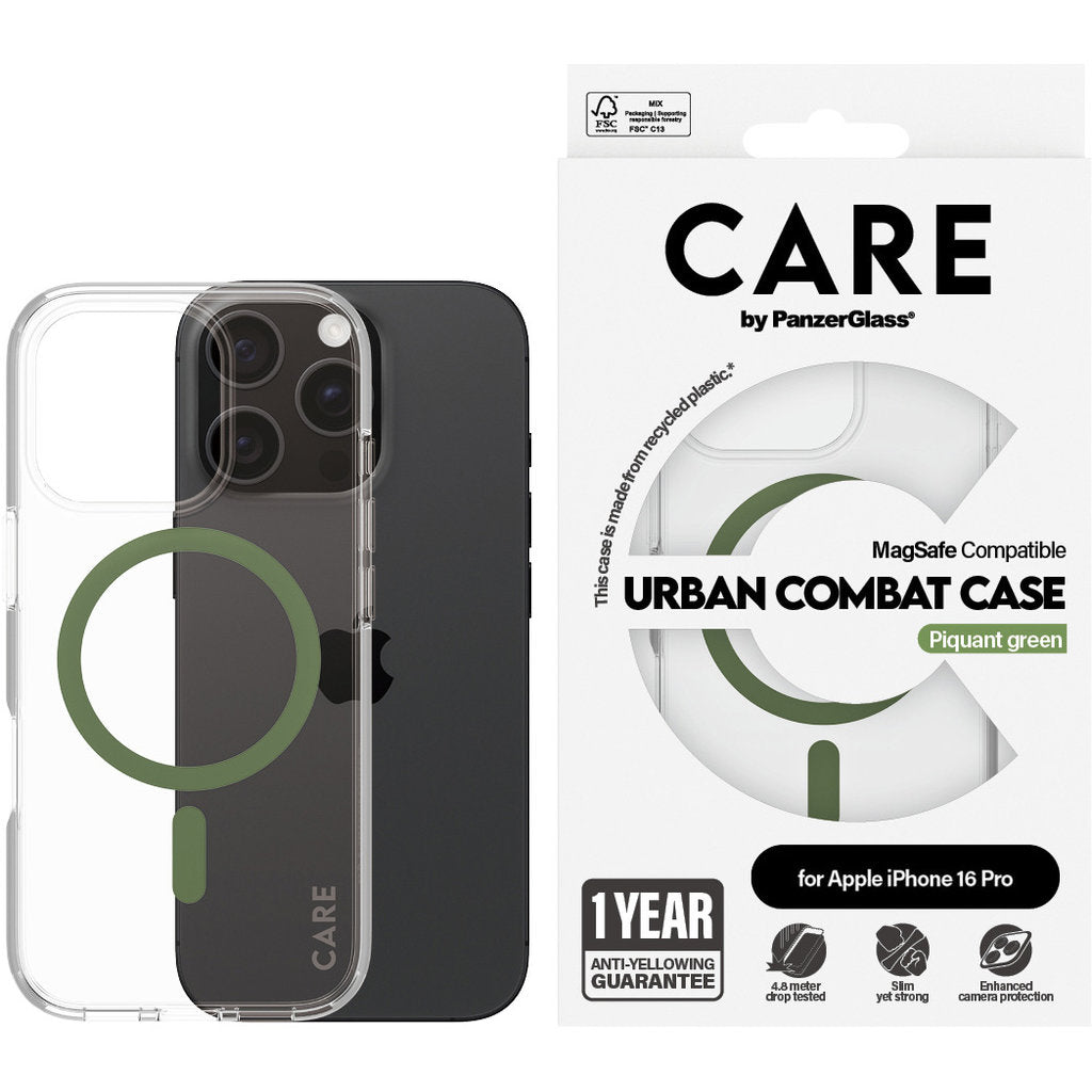 CARE by PanzerGlass Flagship Case Transparent Urban Combat m. grüner MagSafe iPhone 16 Pro