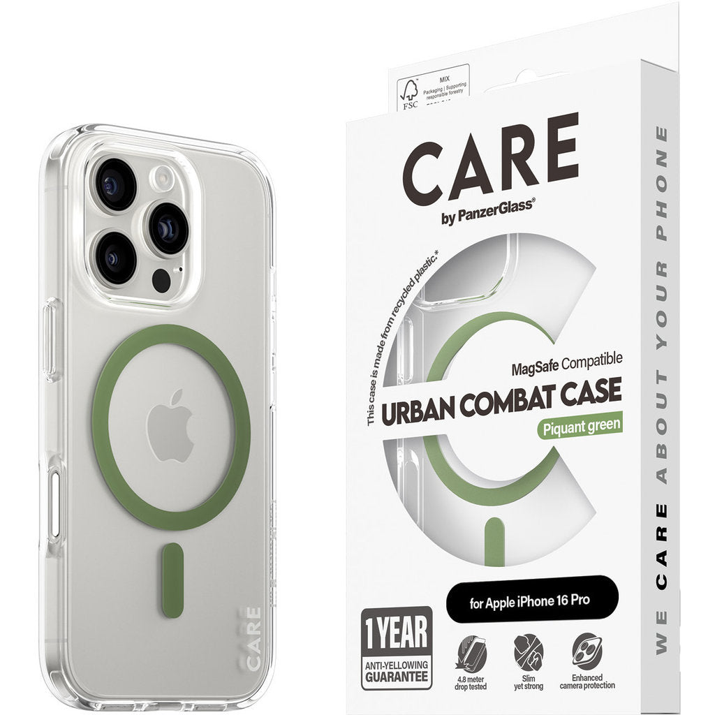 CARE by PanzerGlass Flagship Case Transparent Urban Combat m. grüner MagSafe iPhone 16 Pro